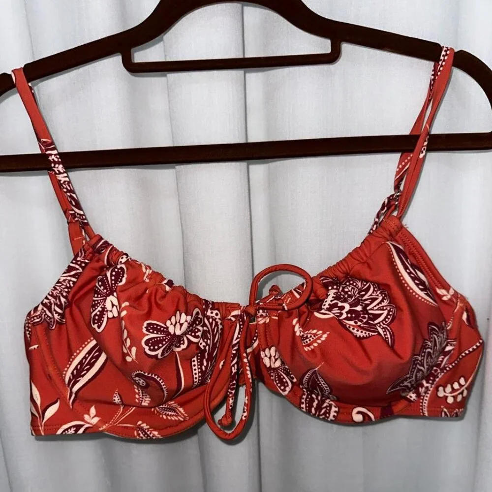 Cupshe Underwire Tie Front Swim Bikini Top Size XL Orange/Floral - Picture 3 of 4
